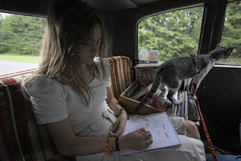 $!Paloma Zapp dibuja junto al gato de la familia, Hakuna, mientras viajan en el auto familiar argentino