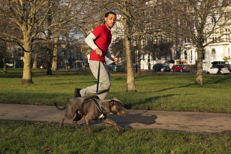 $!Un hombre corriendo con su perro en un parque.
