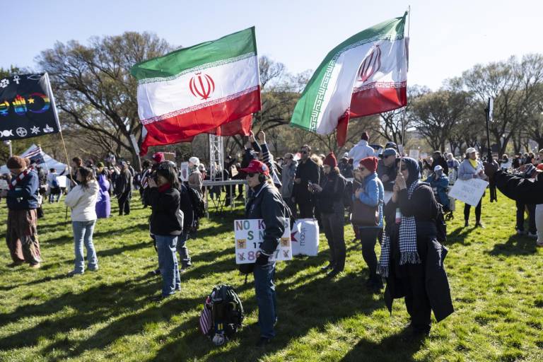 $!Protestantes en la ciudad de Washington, DC, alzan banderas de Irán como símbolo de apoyo.