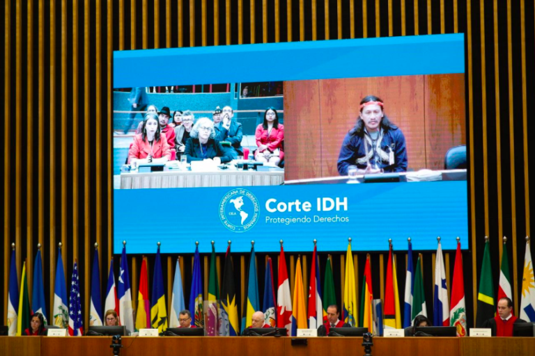 $!Penti Baihua, a la derecha, en la audiencia de la Corte Interamericana. En su testimonio explicó que él nació “antes del contacto”. A la izquierda, la defensa de la joven contactada por la fuerza. Crédito Land is Life.