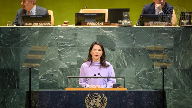 Annalena Baerbock, presidenta de la 80 sesión de la Asamblea General de Naciones Unidas durante su discurso de Beijing+30.
