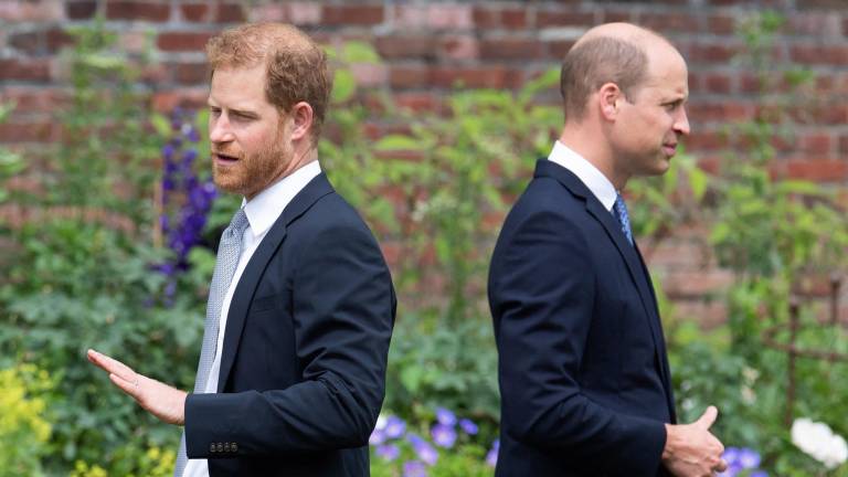 Foto del príncipe Enrique, Duque de Sussex y el príncipe Guillermo, Príncipe de Gales, realizada en julio del 2021 durante la revelación de la estatua de su madre la princesa Diana, ubicada en The Sunken Garden, en Kensington Palace.