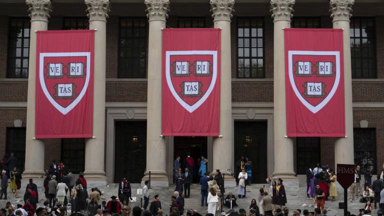 Pancartas de Harvard frente a la Biblioteca Widener durante la 374.ª ceremonia de graduación de Harvard en Harvard Yard en Cambridge, Massachusetts, el 29 de mayo de 2025.