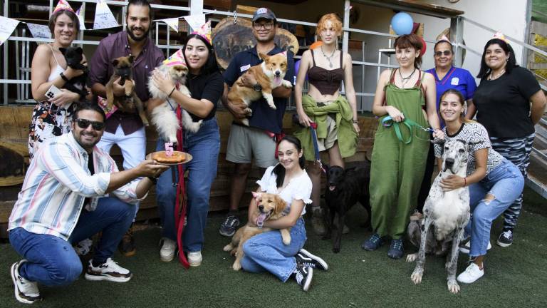 Personas junto a sus perros durante el cumpleaños de Mika, un Pomeranian que celebró su cumpleaños en el restaurante El Perrazo.