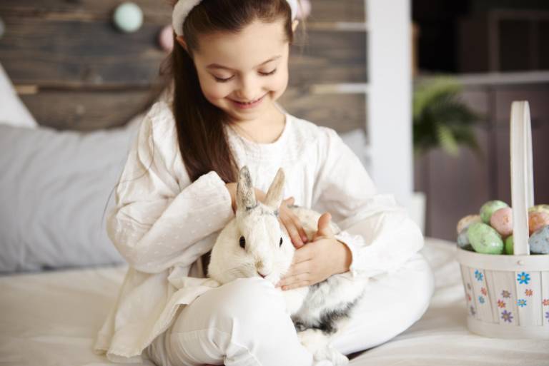$!Una niña feliz con un conejo en su dormitorio.