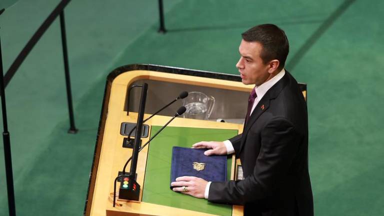El presidente Daniel Noboa durante su intervención en la Asamblea General de la ONU.