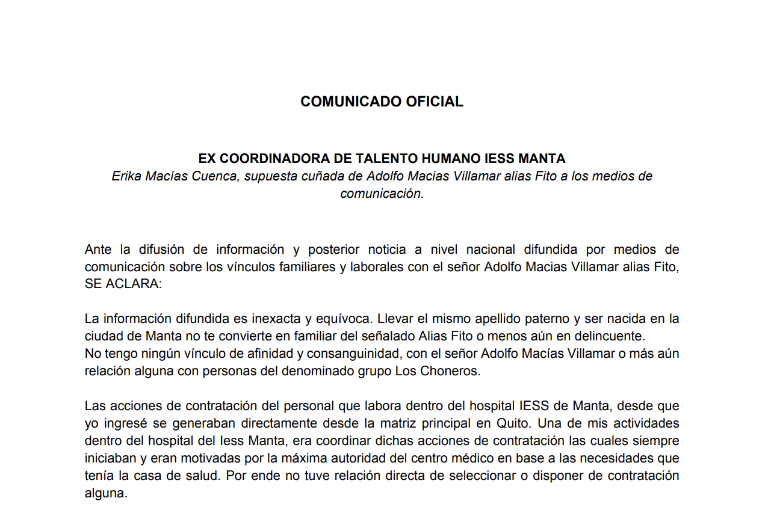 $!Comunicado de Erika Macías Cuenca.