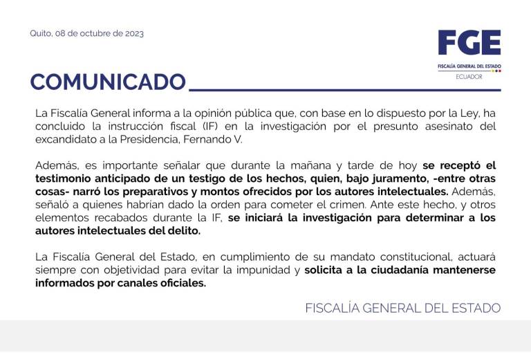 $!Comunicado de la Fiscalía General del Estado en el que revela detalles del testimonio anticipado de un testigo en relación al caso que investiga el presunto asesinato del excandidato presidencial Fernando Villavicencio.