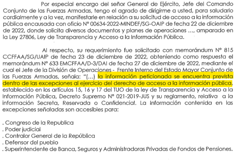 $!Respuesta de las Fuerzas Armadas a OjoPúblico en la que se niegan la entrega de información sobre lo ocurrido en Ayacucho.