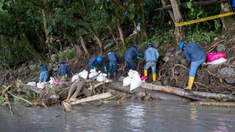 Obreros hacen labores de limpieza en el río Shushufindi, en la provincia de Sucumbíos.