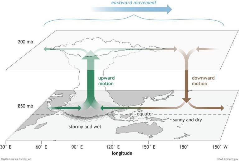 $!Estructura de la Oscilación Madden-Julian (MJO) en superficie y en la atmósfera superior durante un período en el que la fase convectiva intensificada (nube de tormenta) se centra en el Océano Índico y la fase convectiva atenuada se centra en el Pacífico centro-occidental.