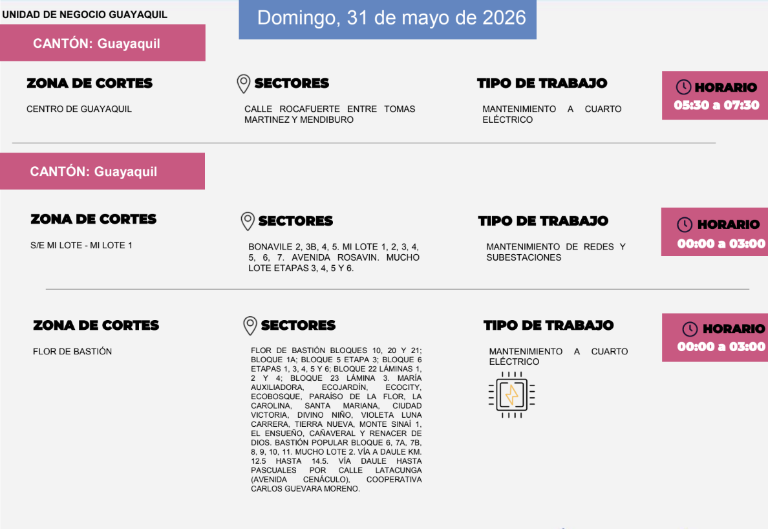 $!Horarios y sectores de cortes de luz en Guayaquil para este domingo, 31 de mayo