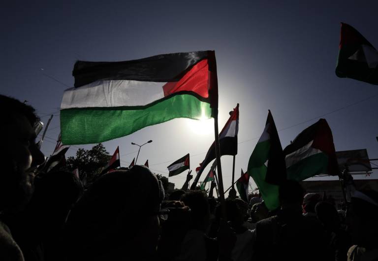 $!Manifestantes portan la bandera de Palestina en los días de enfrentamientos.