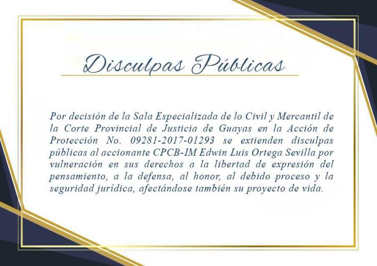 $!Captura de pantalla de disculpas ofrecidas por la Armada al capitán Edwin Ortega.