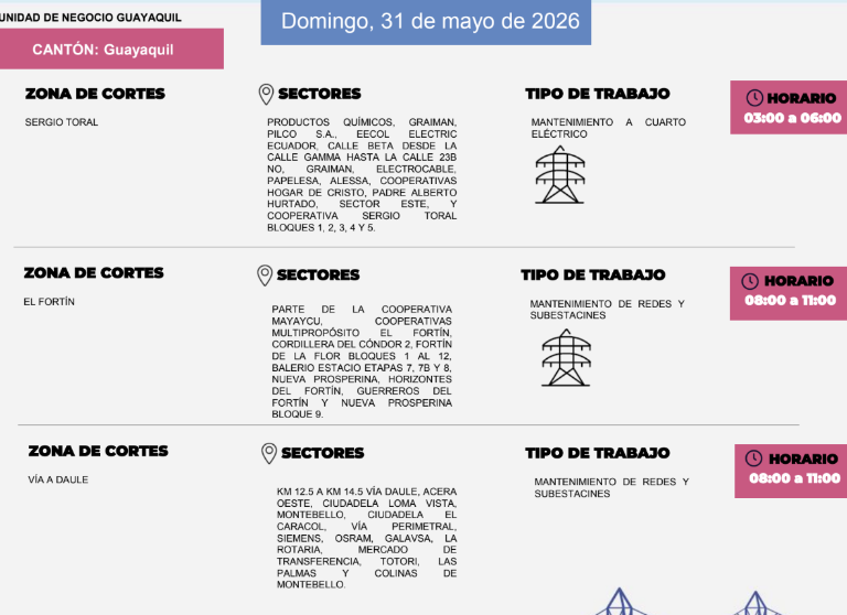 $!Horarios y sectores de cortes de luz en Guayaquil para este domingo, 31 de mayo