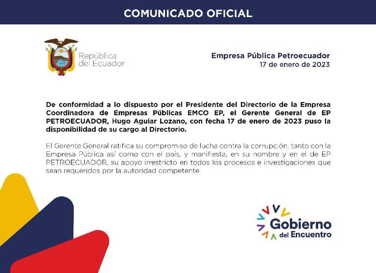 $!Horas después de la disposición, el gerente general de Petroecuador, Hugo Aguiar Lozano, renunció a su cargo.