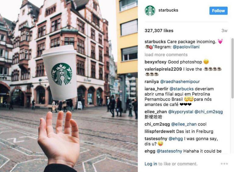 $!Este es un ejemplo de CGU. En la imagen se observa que la marca Starbucks reposteó una foto publicada por un usuario llamado Paolo Villani. Él no está afiliado a la empresa, pero recibió un pago por parte de esta para que les sea permitido utilizar su contenido.