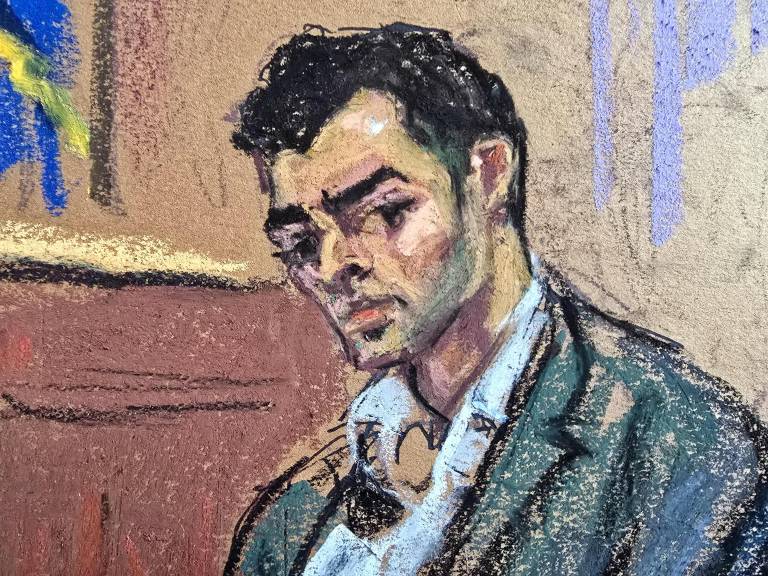 $!Fotografía de un dibujo realizado por la artista Jane Rosenberg que muestra a Luigi Mangione durante una audiencia.