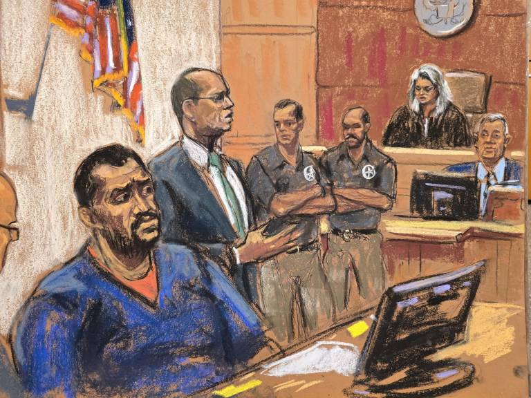 $!Fotografía de un dibujo realizado por la artista Jane Rosenberg donde aparece el narcotraficante José Adolfo 'Fito' Macías (i).