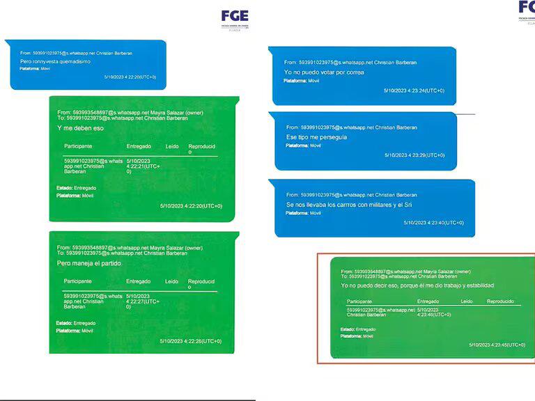 $!Extractos de chats entre Mayra Salazar y Christián Barberán revelados por la Fiscalía General del Estado.