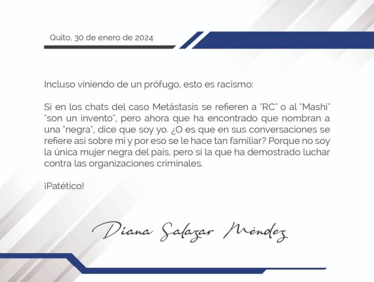 $!Esto es racismo: Fiscal Diana Salazar reacciona a publicación de Rafael Correa