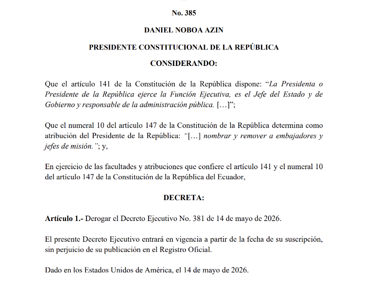 $!Decreto en el que Daniel Noboa recula su decisión sobre Inty.