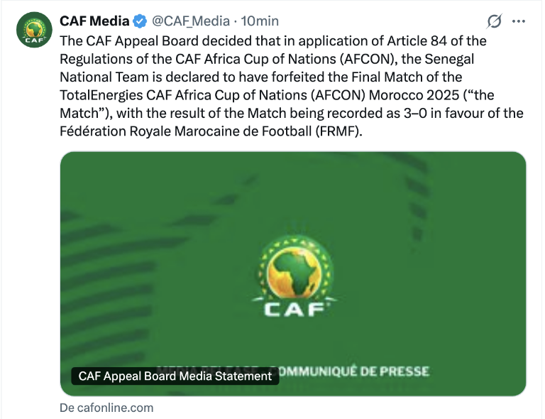 $!Captura de pantalla del comunicado realizado por la Confederación Africana de Fútbol.