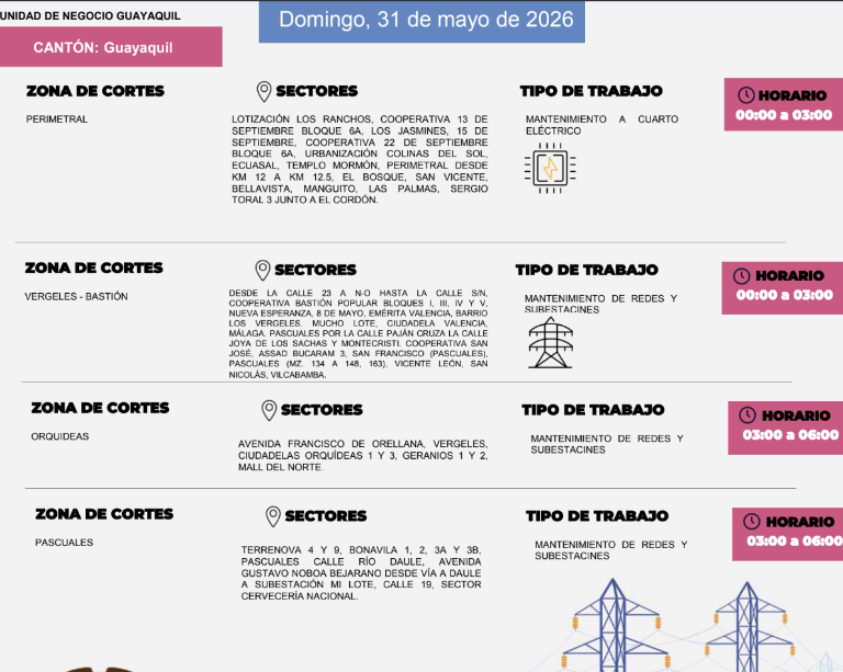$!Horarios y sectores de cortes de luz en Guayaquil para este domingo, 31 de mayo