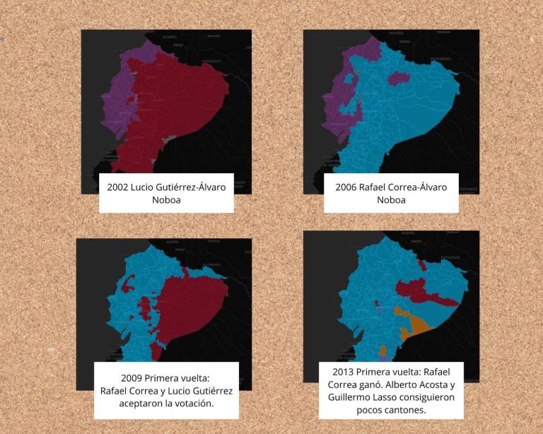 $!Mapa de la distribución del voto en elecciones. Fuente: Proyecto Así votamos los ecuatorianos, de USFQ.