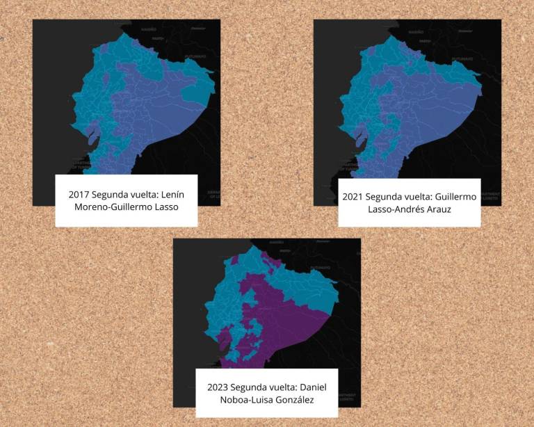$!Mapa de la distribución del voto en elecciones. Fuente: Proyecto Así votamos los ecuatorianos, de USFQ.