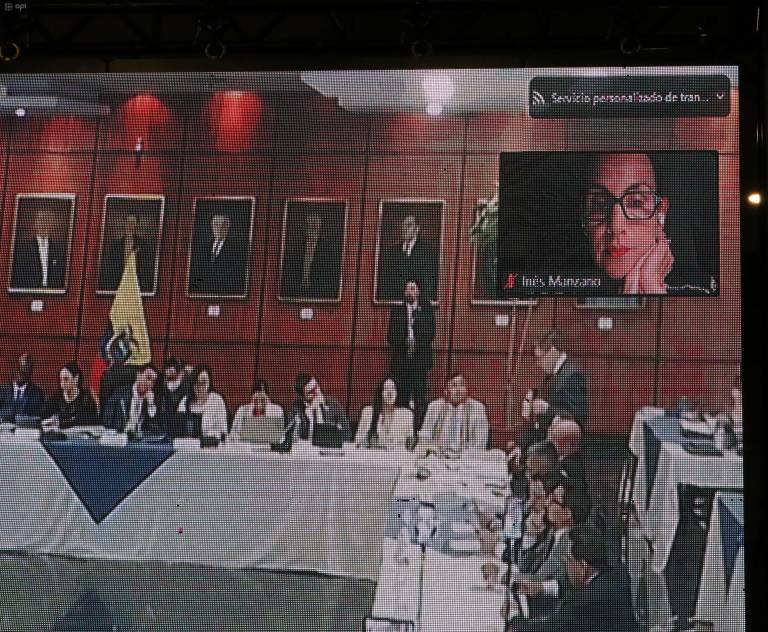 $!La exministra se presentó de forma telemática a la sesión, celebrada en el Salón Tránsito Amaguaña del Palacio Legislativo.