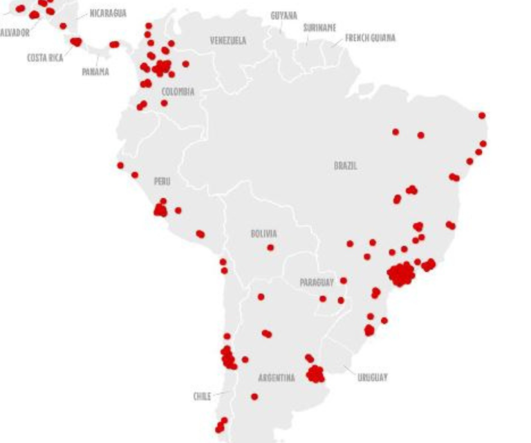 $!Mapa publicado por Cinemark en el último documento correspondiente al Investor Presentation del 2023, a inicios de noviembre de este año, en el que muestra los cines que operan en Latinoamérica. En Ecuador ya no se observa ningún punto.
