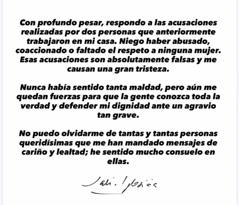 $!Imagen del comunicado publicado por Julio Iglesias en su perfil de Instagram en el que desmiente las acusaciones de acoso y abuso sexual en su contra.