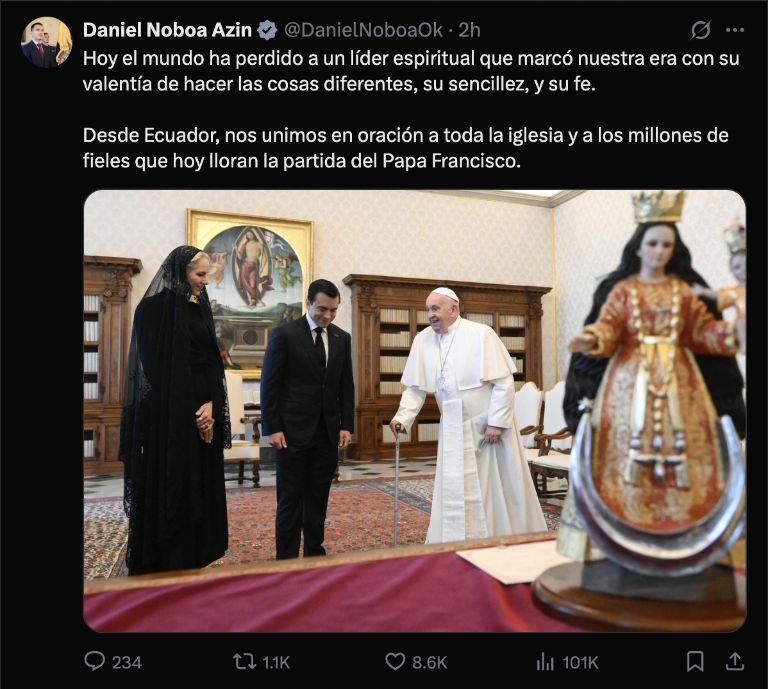 $!El presidente de la República, Daniel Noboa, emitió un mensaje a través de sus redes por la muerte del Papa Francisco.