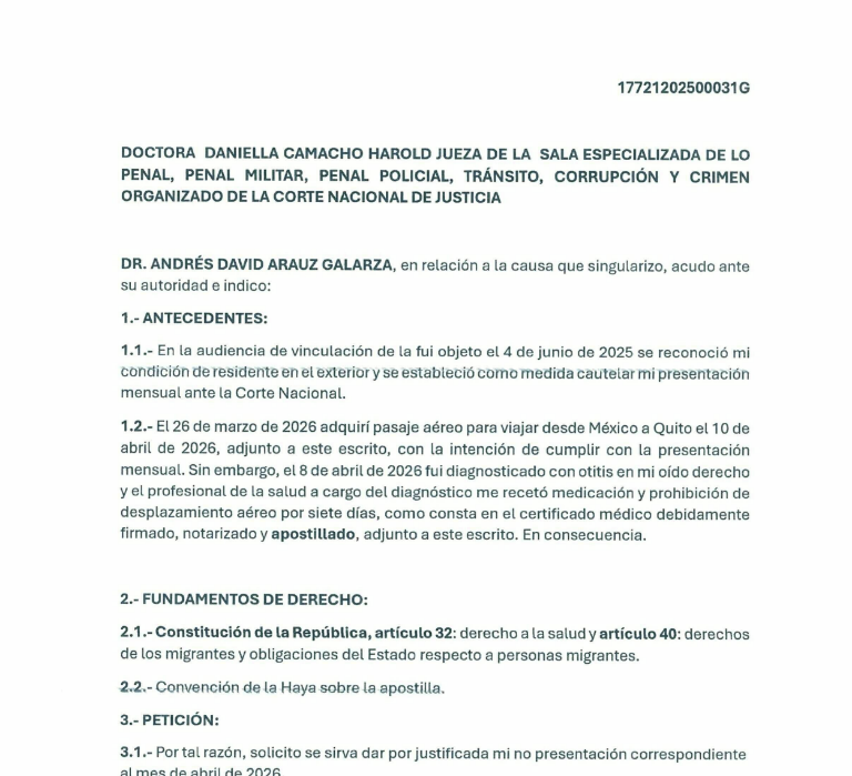 $!Documento presentado por Andrés Arauz para justificar su inasistencia.