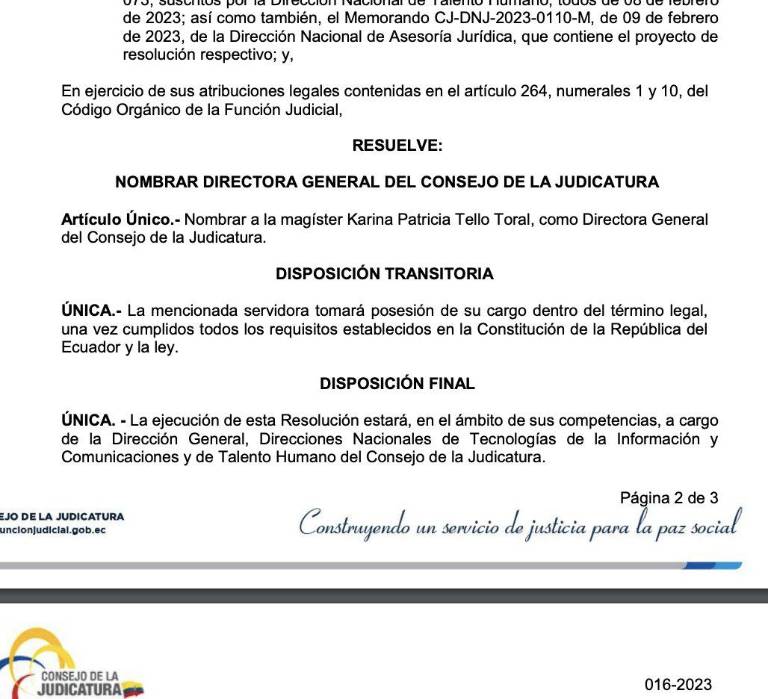 $!Nombran a Karina Tello Toral como la nueva Directora General del Consejo de la Judicatura