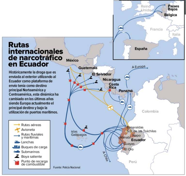 $!Rutas del tráfico de droga que sale desde Ecuador.