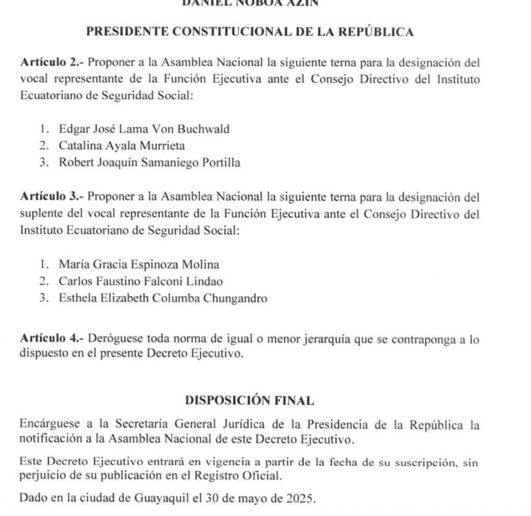 $!Edgar Lama aún no es delegado del Ejecutivo en el Consejo Directivo del IESS: presidente Noboa envió terna a la Asamblea