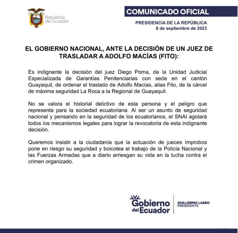 $!Gobierno protesta por orden de traslado de alias Fito de vuelta a la Cárcel Regional de Guayaquil