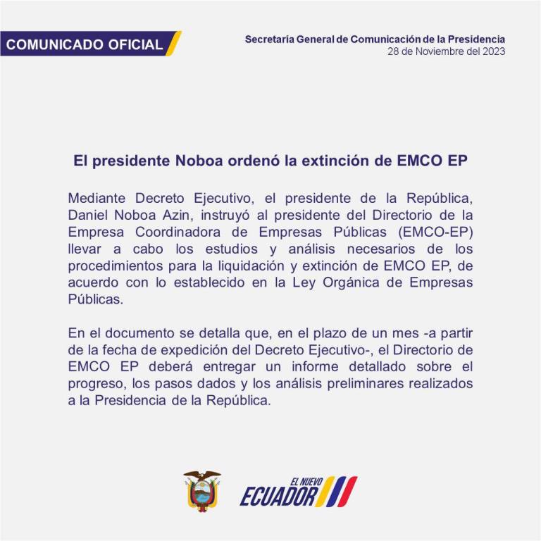$!Presidente Noboa ordena la extinción de la Empresa Coordinadora de Empresas Públicas (EMCO-EP)