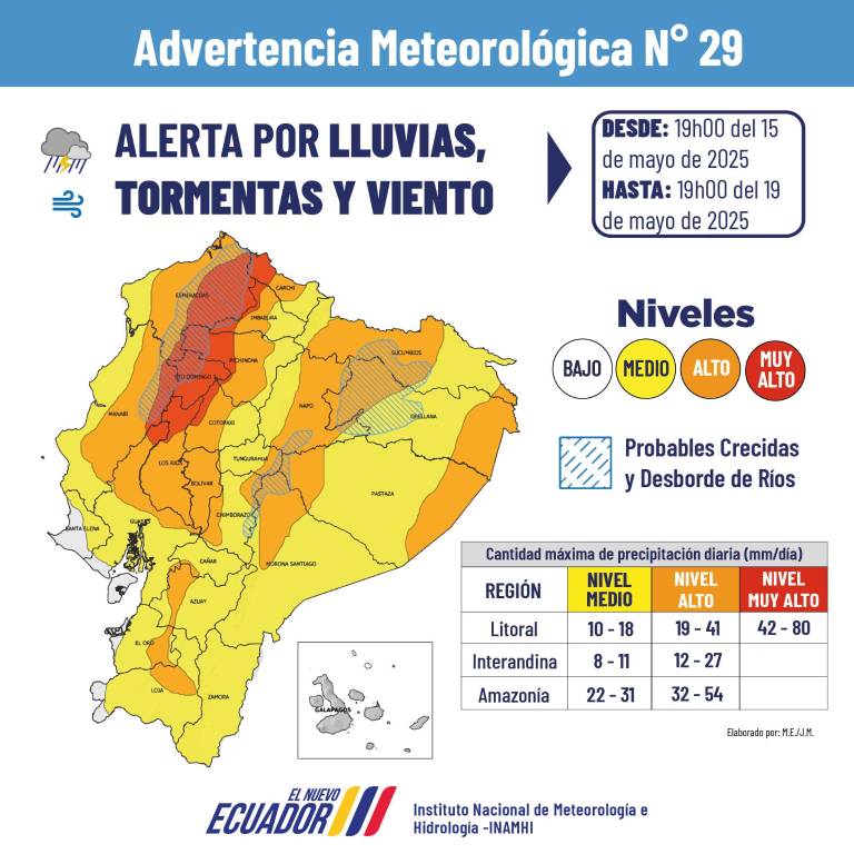 $!Imagen que indica la alerta de lluvias por zonas y los niveles de precipitación diaria en Ecuador del 15 al 19 de mayo.