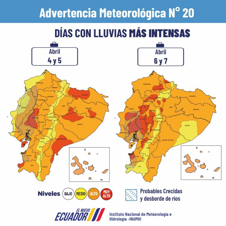 $!INAMHI emite advertencia meteorológica por intensas lluvias entre el 4 y 7 de abril