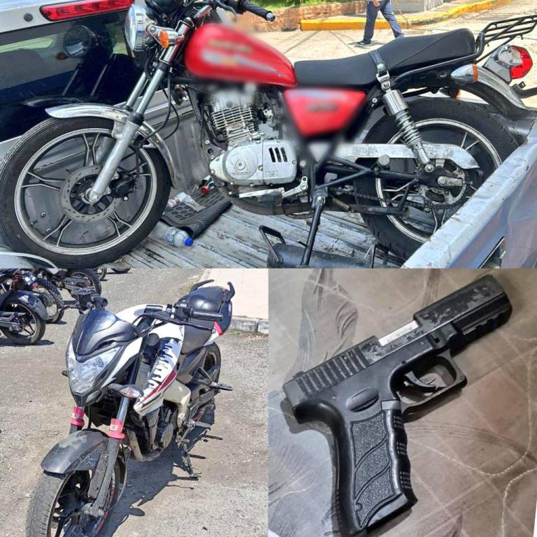 $!Motocicletas y un arma de fuego que fueron decomisadas por la Policía durante el operativo.