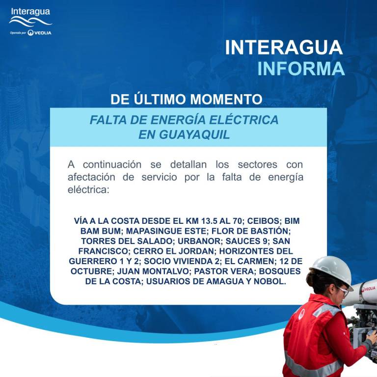 $!Cortes de agua en sectores de Guayaquil, Samborondón y Daule debido al apagón de luz nacional