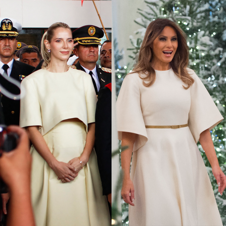 $!Valbonesi utilizó durante la posesión un vestido cuyo corte se asemeja al de un traje empleado por Melania Trump durante la Navidad de 2017.