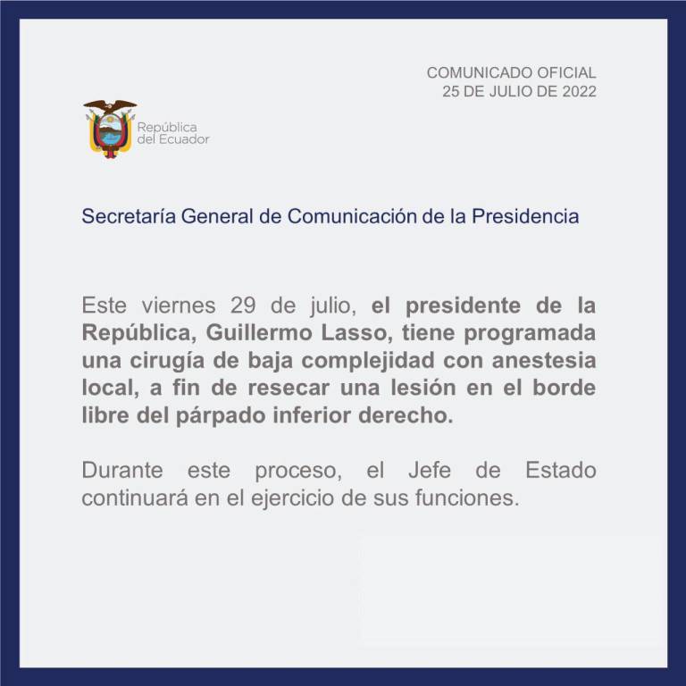 $!El presidente Guillermo Lasso será sometido a una cirugía en el párpado
