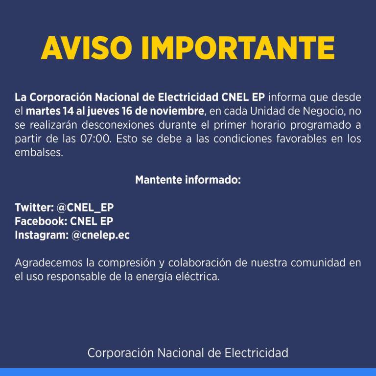 $!Se suspenden cortes de luz en primera franja horaria desde el martes 14 hasta el jueves 16 de noviembre