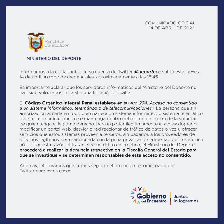 $!Roban la cuenta de Twitter del Ministerio del Deporte de Ecuador