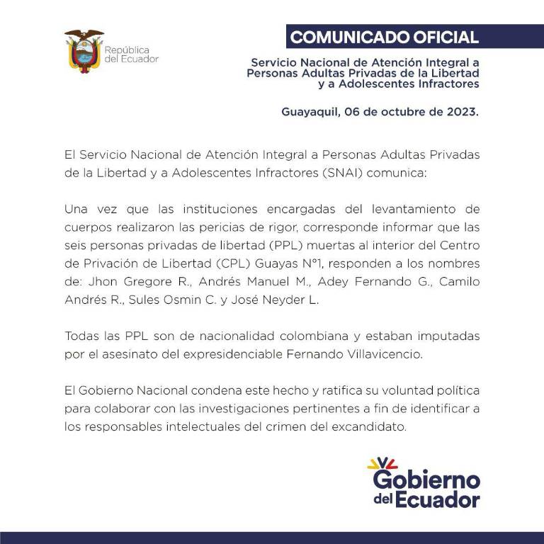 $!Caso de Fernando Villavicencio: Los reos asesinados en la Penitenciaría del Litoral eran investigados por la muerte del excandidato, confirmó SNAI