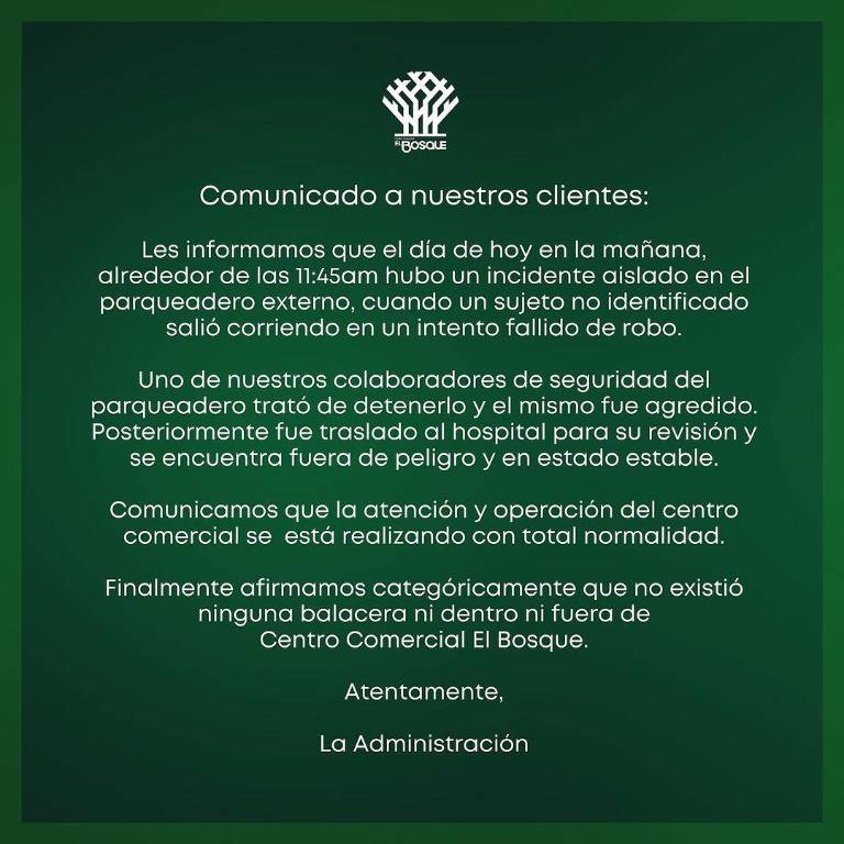 $!Centro comercial de Quito en cuyo parqueadero se habrían registrado disparos emite comunicado sobre lo ocurrido